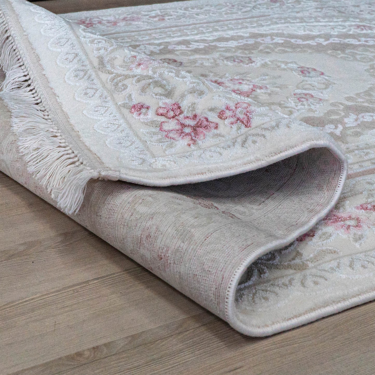 Covor cu franjuri acrilic floral roz, crem