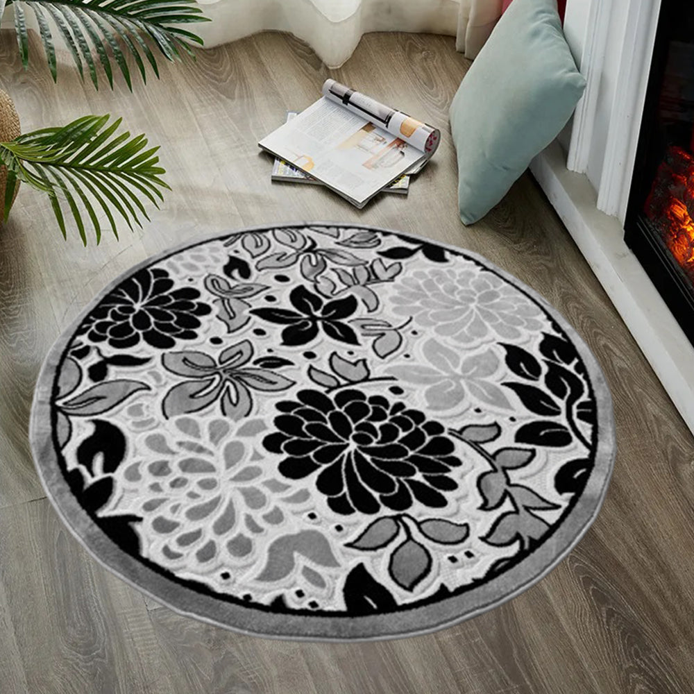 Covor rotund floral Gri Negru Crem 3D