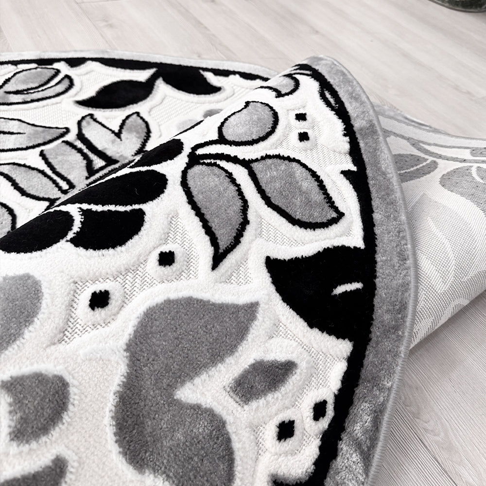 Covor rotund floral Gri Negru Crem 3D