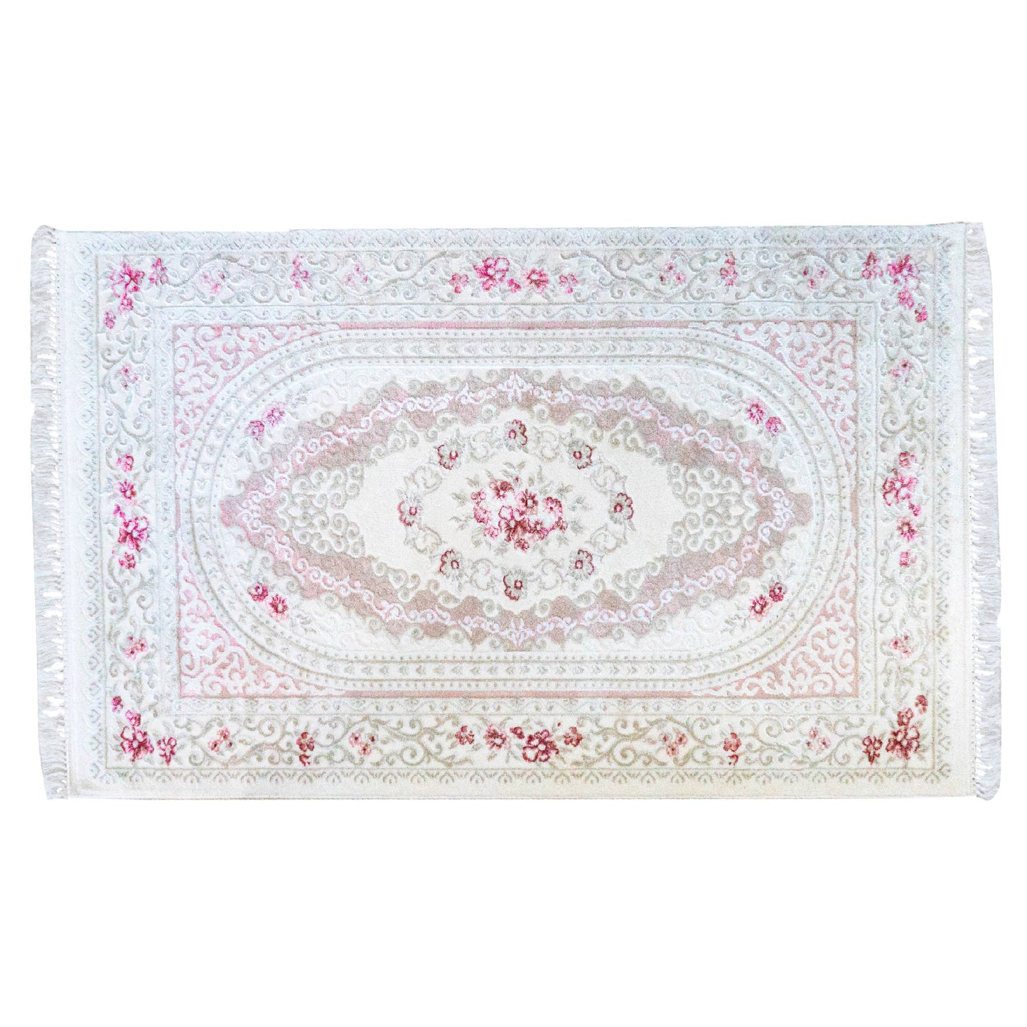 Covor cu franjuri acrilic floral roz, crem