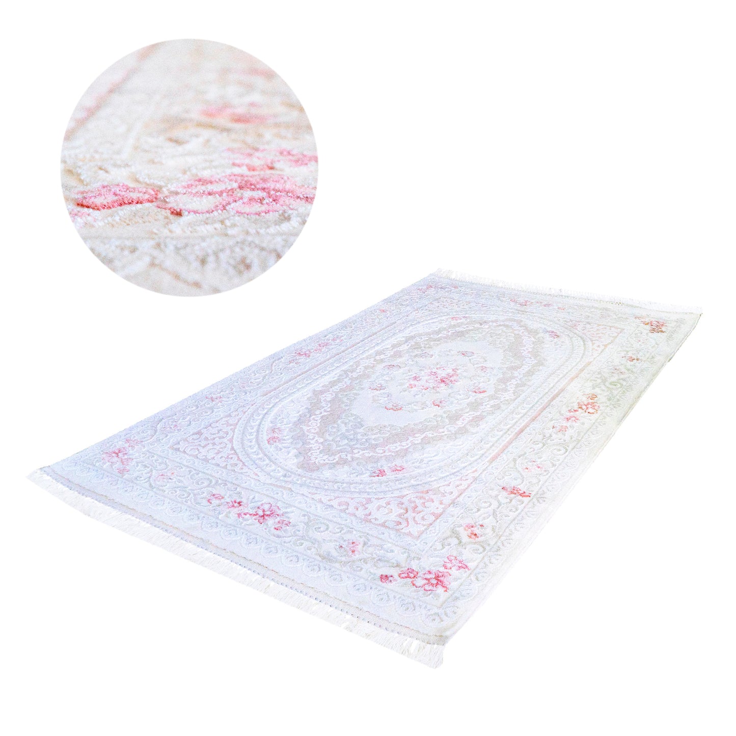 Covor cu franjuri acrilic floral roz, crem