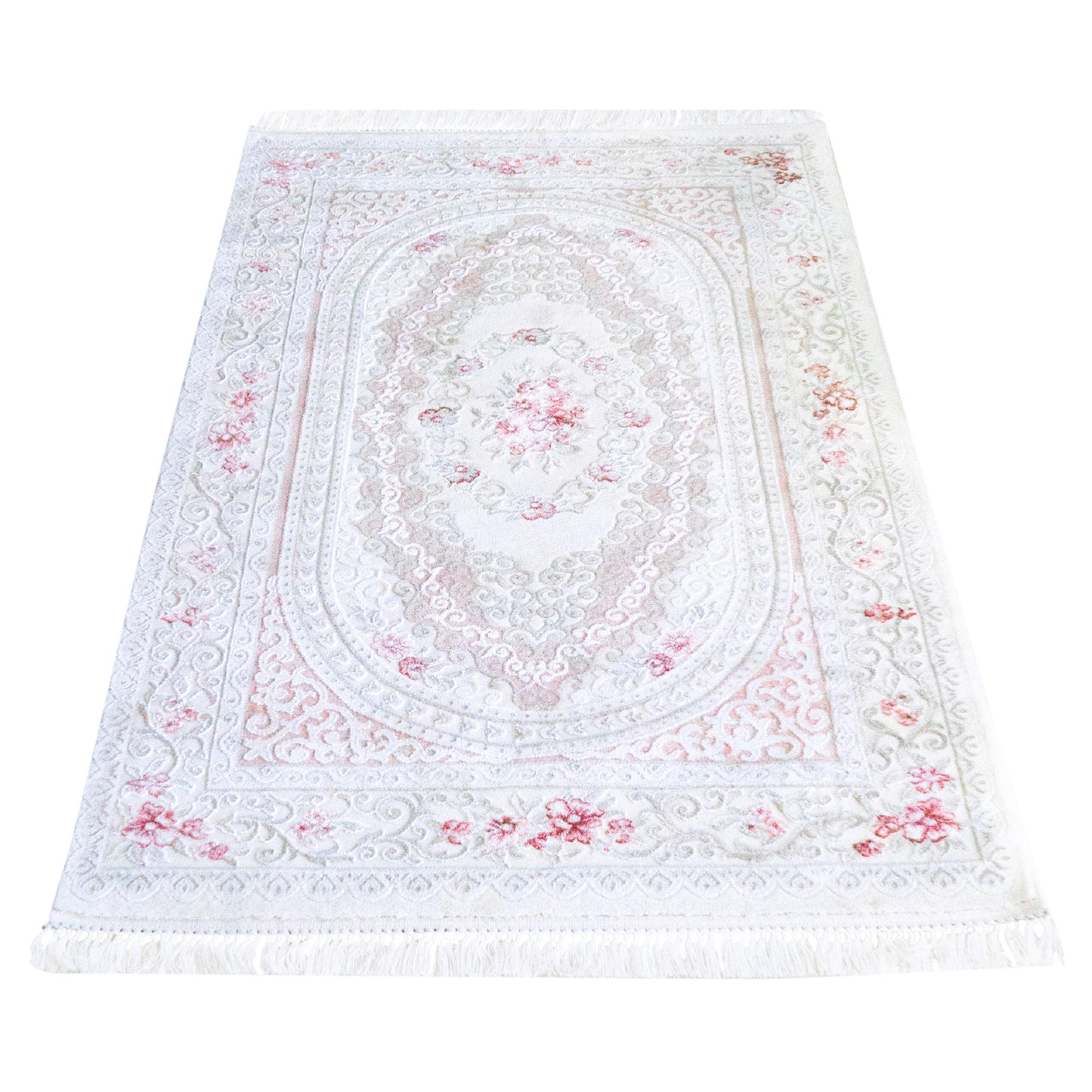 Covor cu franjuri acrilic floral roz, crem