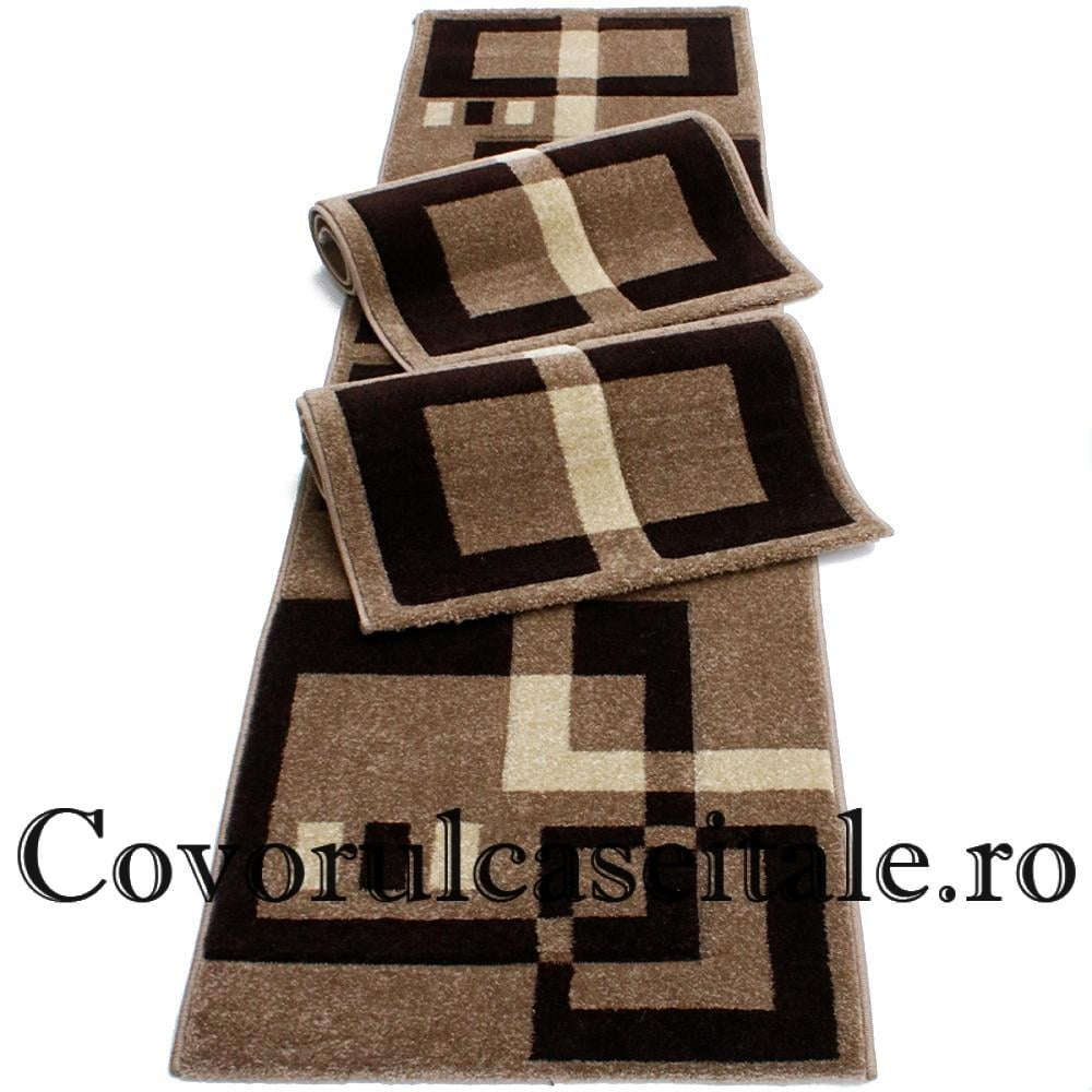 Set 3 Covoare Fir Scurt Maro/Crem