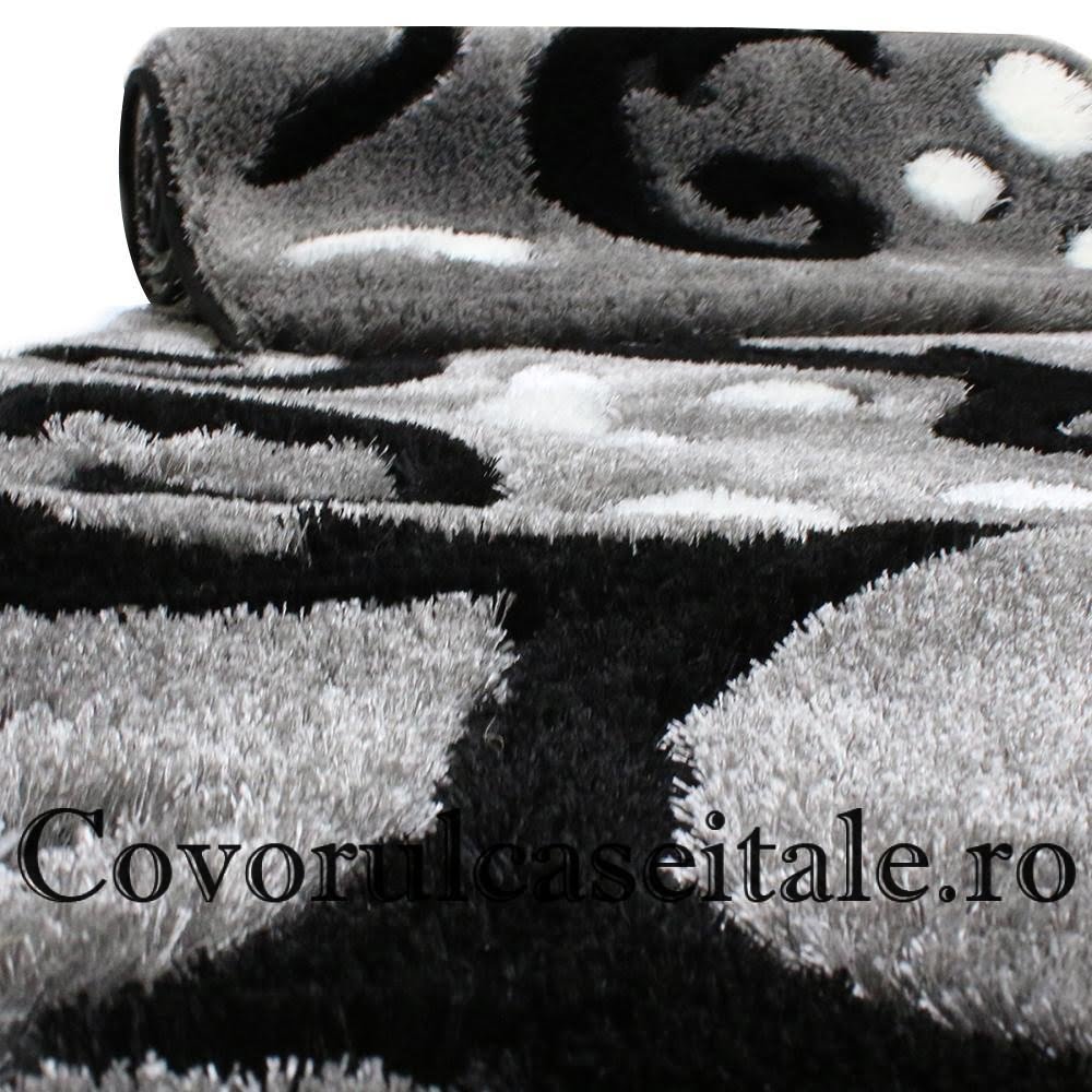 Set 3 Covoare Fir Matase Gri, Negru, Alb