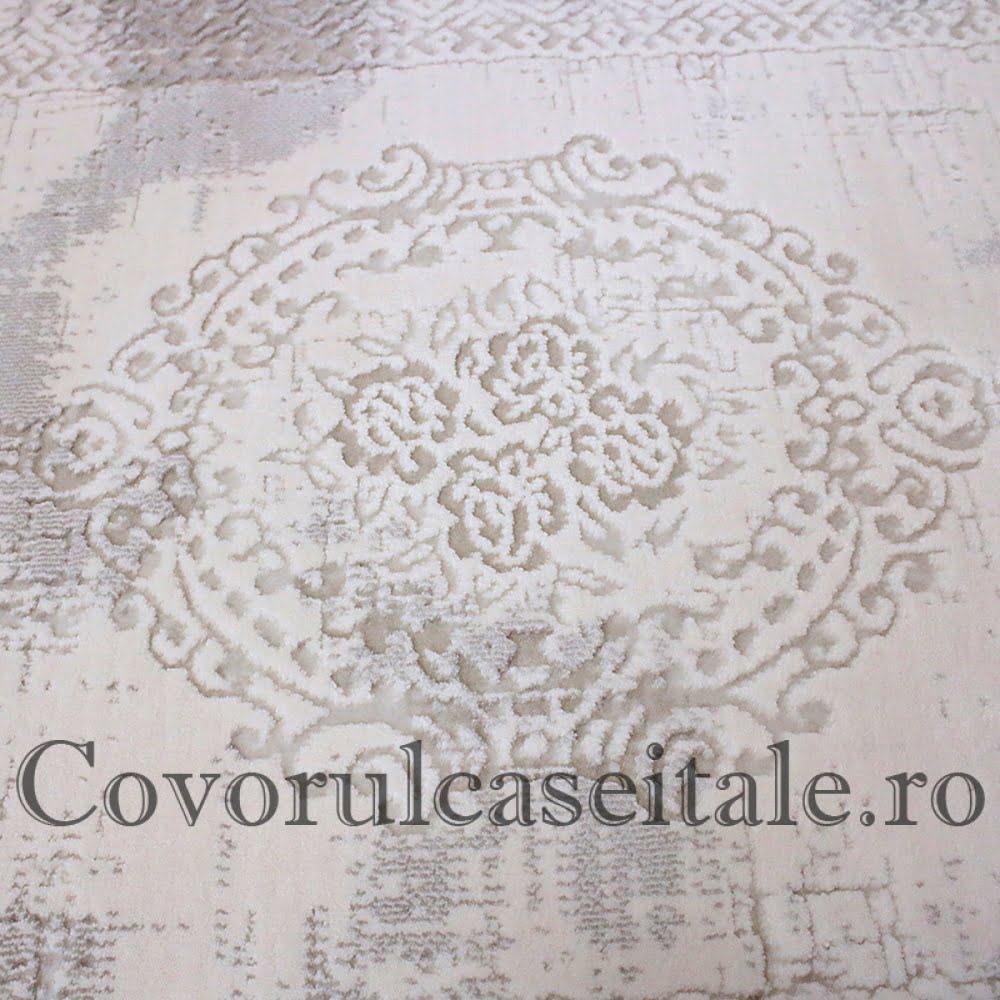Covor Acrilic Baroc cu Franjuri bej- alb Cod 08357A