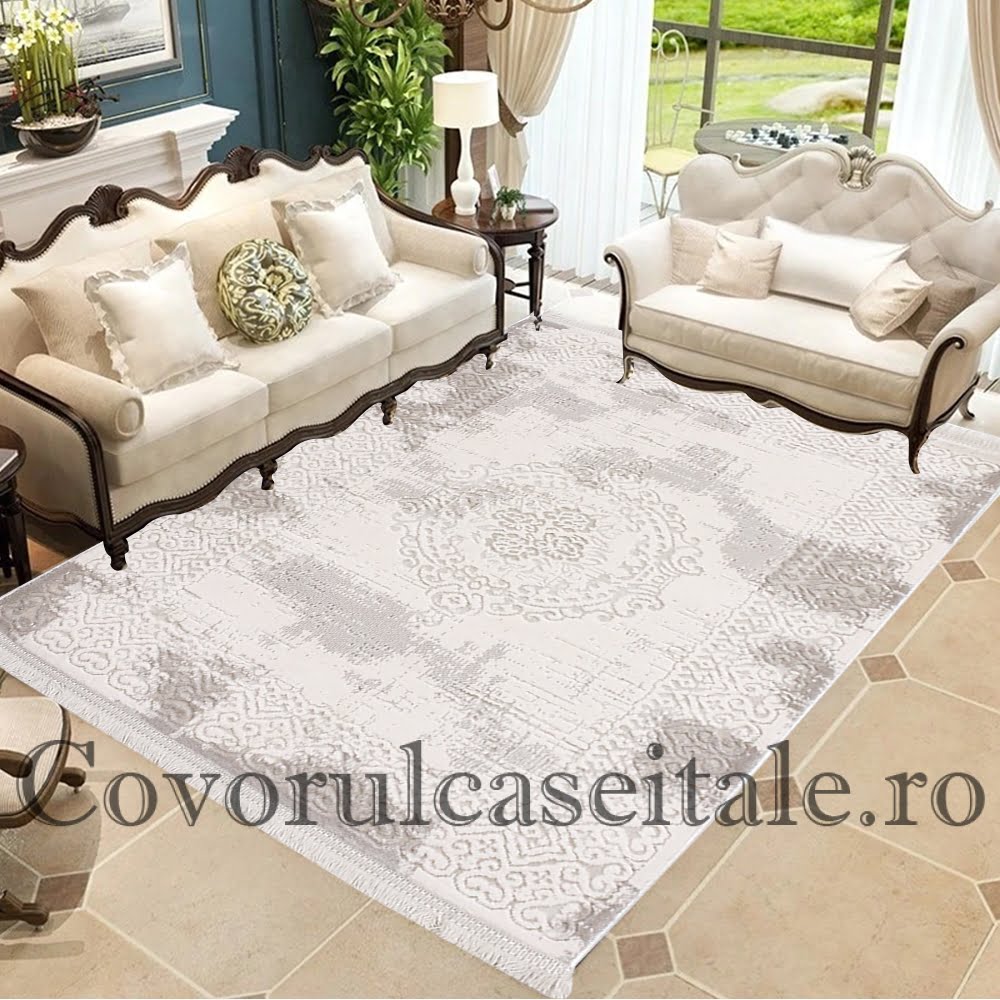 Covor Acrilic Baroc cu Franjuri bej- alb Cod 08357A