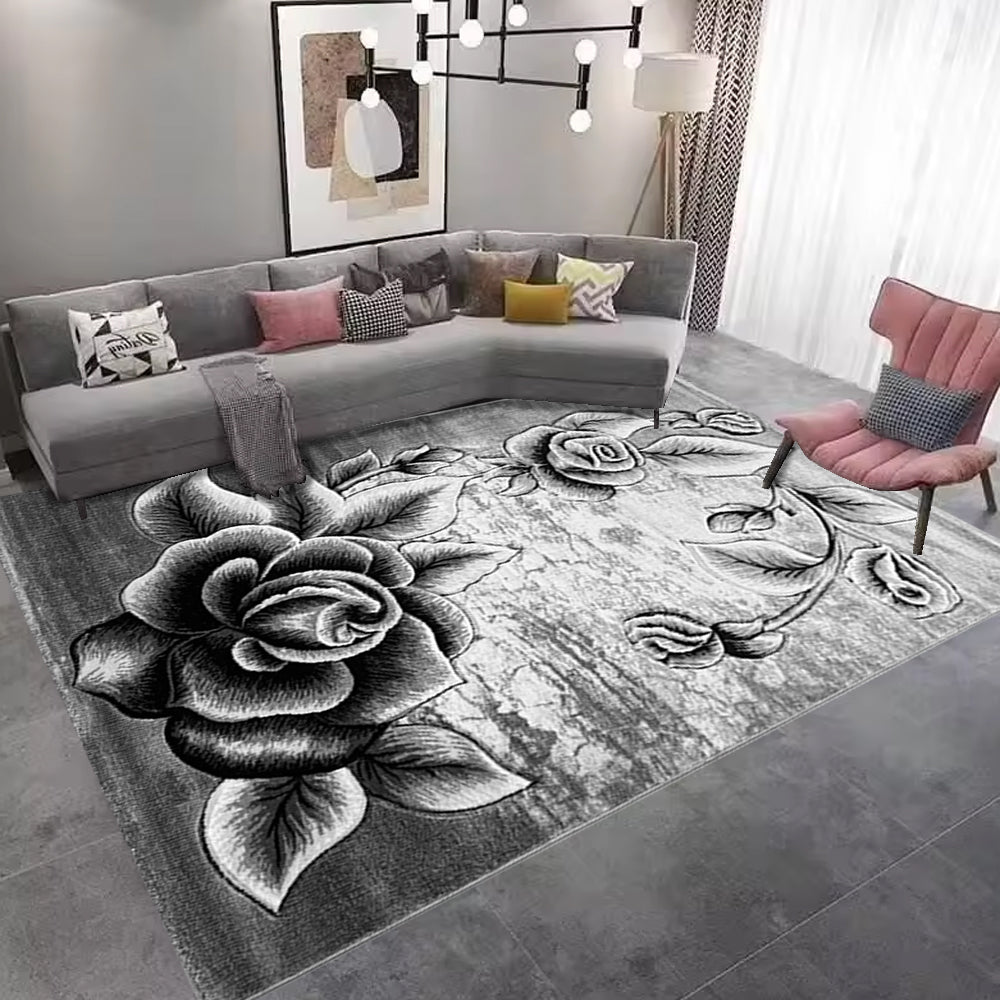 Covor Living model Floral, Gri, Crem, Alb Fir Scurt