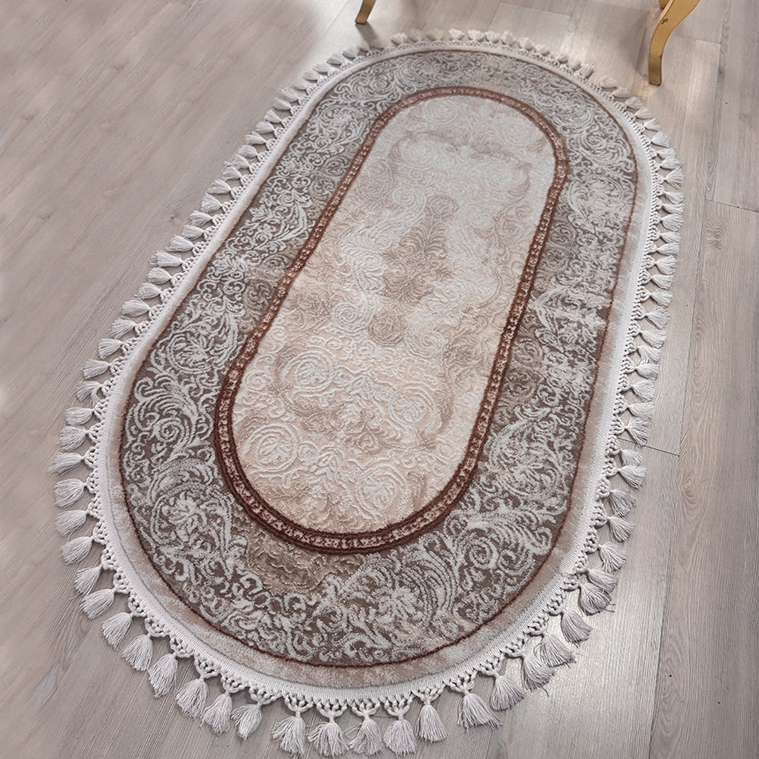 Covor oval Deluxe cu Franjuri Crem, Bej, Maro