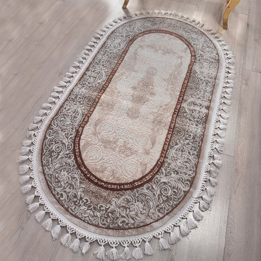Covor oval Deluxe cu Franjuri Crem, Bej, Maro