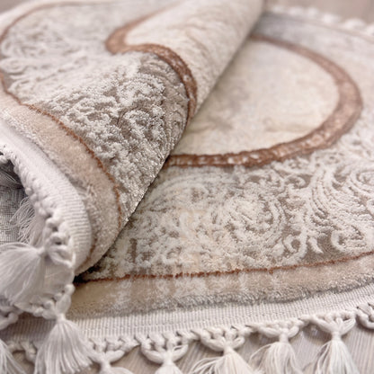 Covor oval Deluxe cu Franjuri Crem, Bej, Maro