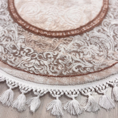 Covor oval Deluxe cu Franjuri Crem, Bej, Maro