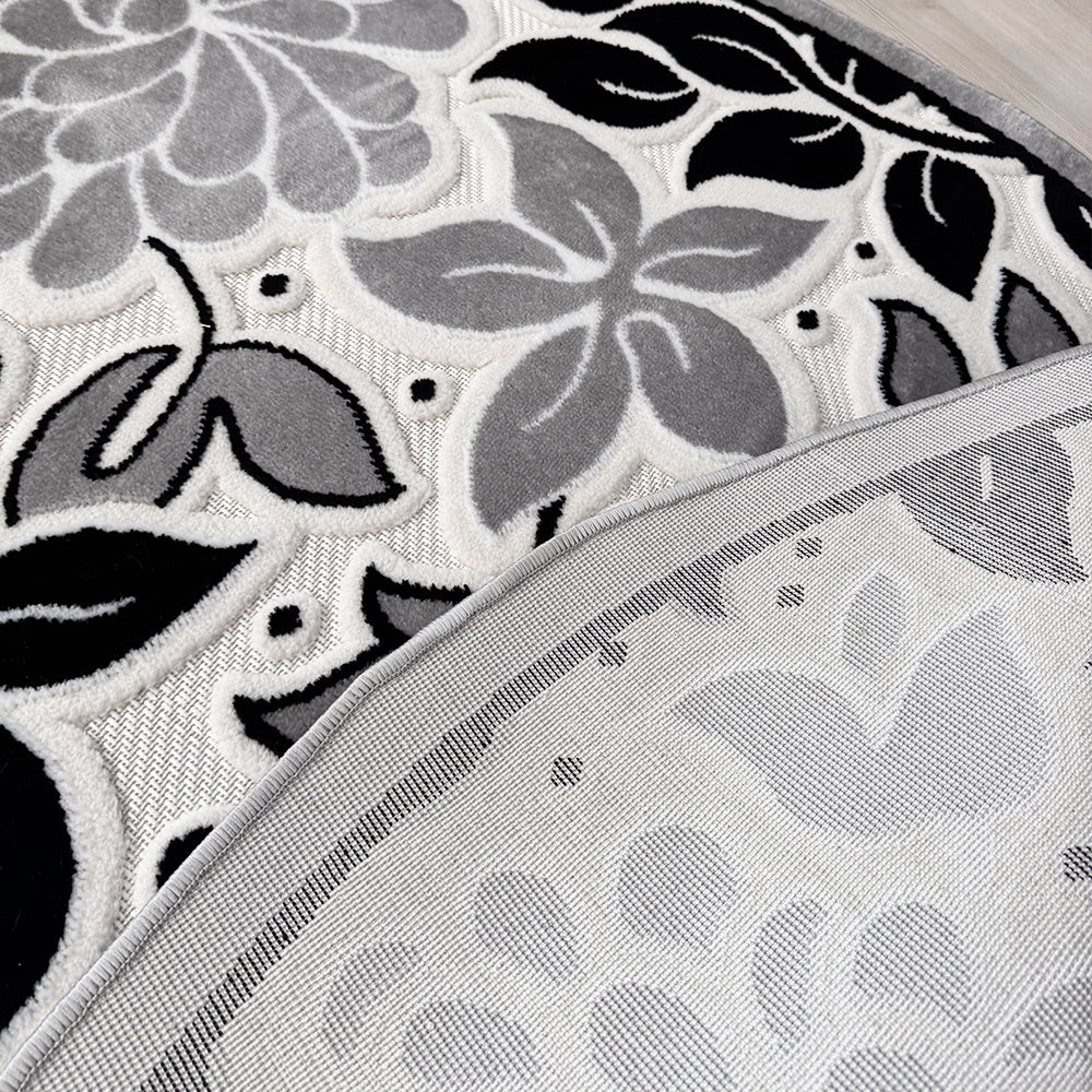 Covor rotund floral Gri Negru Crem 3D