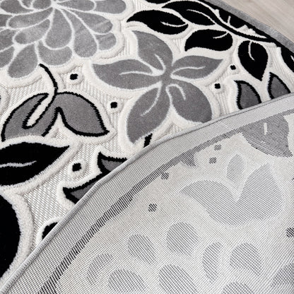 Covor rotund floral Gri Negru Crem 3D