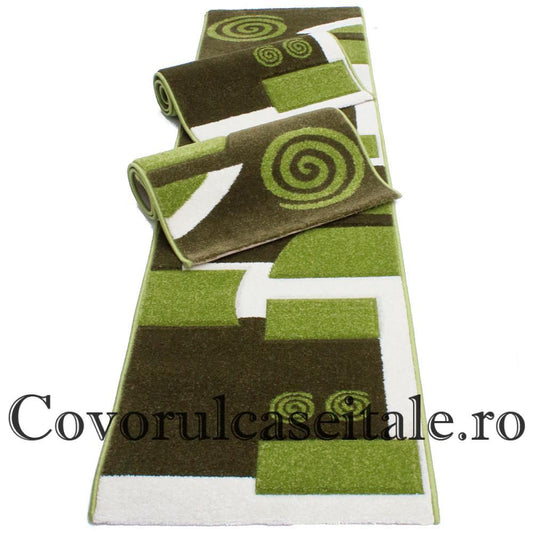 Set 3 Covoare Fir Scurt Verde si Alb